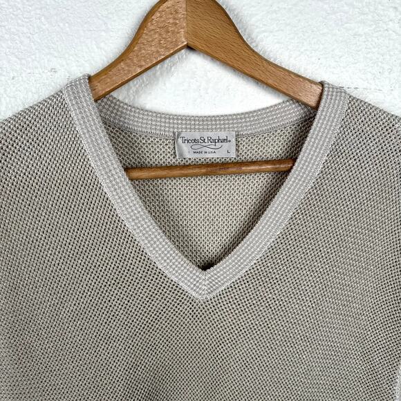 Vintage Tricots St Raphael Sweater Size Large Tan Cotton V Neck Vest USA 90s - Picture 2 of 5